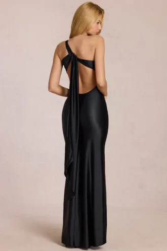 Adelina Asymmetrisches Abendkleid mit Bindeband in Schwarz