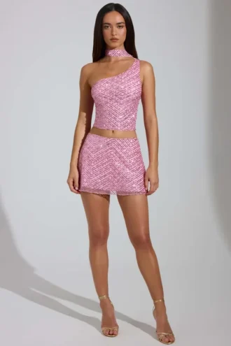 Adhara Verzierter A-Linien-Micro-Mini-Rock mit niedriger Leibhöhe in Rosa