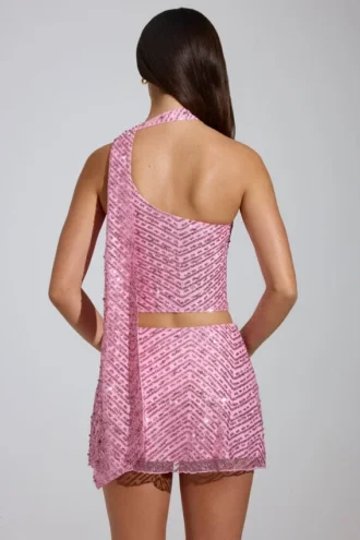 Adhara Verzierter A-Linien-Micro-Mini-Rock mit niedriger Leibhöhe in Rosa