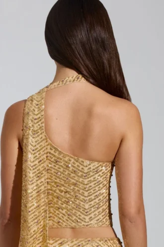 Adhara Verzierter A-Linien-Micro-Minirock mit niedriger Leibhöhe in Gold