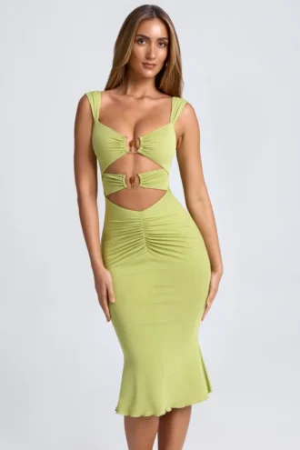 Aelia Modal-Kleid mit Rüschen, Metallverzierungen und Cut-outs in Olivgrün