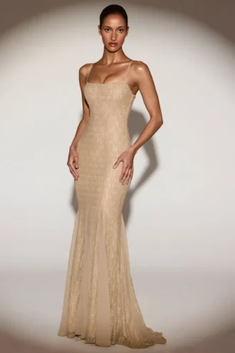 Alabelle Metallic-Spitzen-Godet-Fischschwanzkleid in Gold