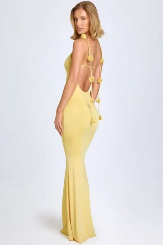 Aldona Slinky Jersey-Kleid mit Blumenapplikationen in Pastellgelb