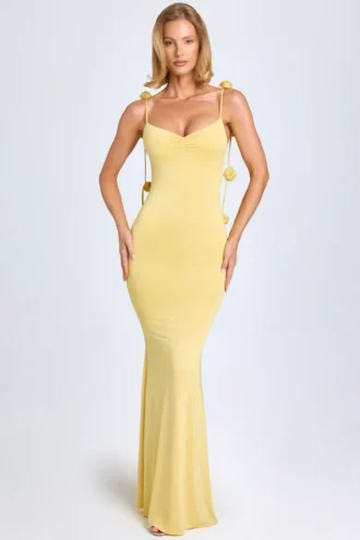Aldona Slinky Jersey-Kleid mit Blumenapplikationen in Pastellgelb