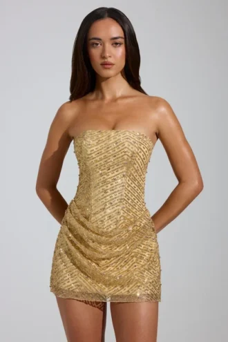 Amalina verziertes Bandeau-Minikleid in A-Linie in Gold