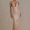 Ameline Premium verziertes Plunge-Neck-Kleid mit offenem Rücken in Beige-Gold Ameline Premium verziertes Plunge-Neck-Kleid mit offenem Rücken in Beige-Gold