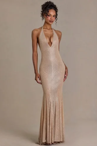 Ameline Premium verziertes Plunge-Neck-Kleid mit offenem Rücken in Beige-Gold