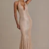 Ameline Premium verziertes Plunge-Neck-Kleid mit offenem Rücken in Beige-Gold Ameline Premium verziertes Plunge-Neck-Kleid mit offenem Rücken in Beige-Gold