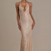 Ameline Premium verziertes Plunge-Neck-Kleid mit offenem Rücken in Beige-Gold Ameline Premium verziertes Plunge-Neck-Kleid mit offenem Rücken in Beige-Gold
