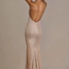 Ameline Premium verziertes Plunge-Neck-Kleid mit offenem Rücken in Beige-Gold Ameline Premium verziertes Plunge-Neck-Kleid mit offenem Rücken in Beige-Gold