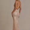 Ameline Premium verziertes Plunge-Neck-Kleid mit offenem Rücken in Beige-Gold Ameline Premium verziertes Plunge-Neck-Kleid mit offenem Rücken in Beige-Gold