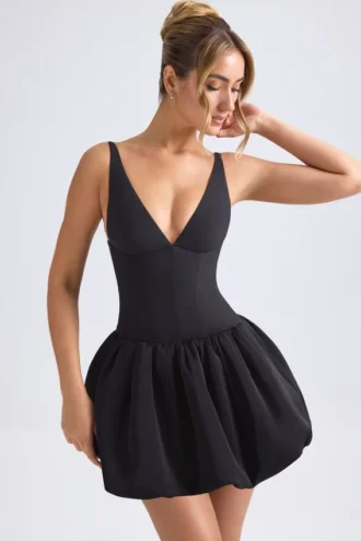 Anahita Schnür-Mikro-Minikleid mit Bubble-Saum und Korsett in Schwarz