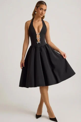 Angelina Midi-Kleid mit Neckholder und Schleifendetail in Schwarz