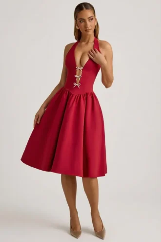 Angelina Midi-Kleid mit Neckholder und Schleifendetail in True Red