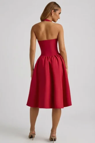 Angelina Midi-Kleid mit Neckholder und Schleifendetail in True Red