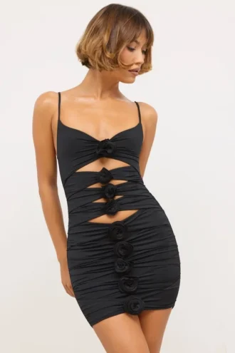 Aniela Slinky Jersey Rose Detail Cut-Out-Minikleid in Schwarz