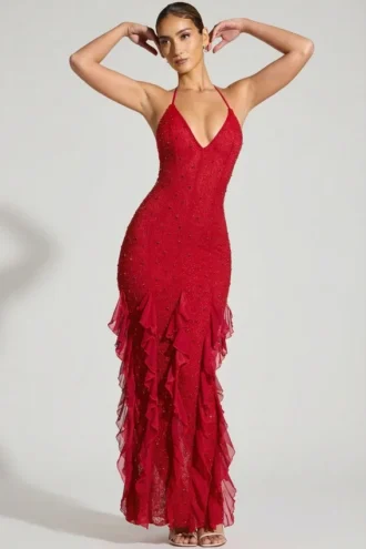 Anley Maxikleid mit Rüschen und verziertem Neckholder in Rot