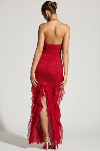 Anley Maxikleid mit Rüschen und verziertem Neckholder in Rot