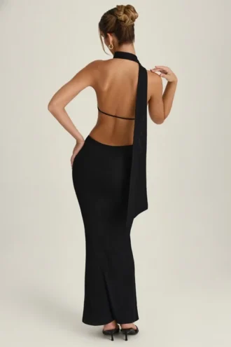 Anneka Maxikleid mit Halterneck und Ausschnitt mit Schaldetail in Schwarz