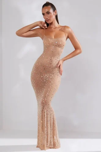 Antonella – Transparentes, verziertes Abendkleid mit U-Ausschnitt in Almond