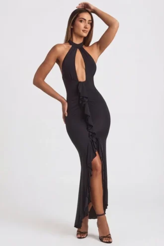 Apolline Rüschen-Halterkleid in Schwarz