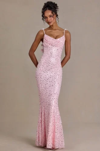 Ariette Premium-Maxikleid mit Verzierungen und offenem Rücken in Babyrosa