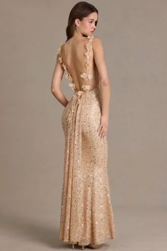 Ariette Premium Maxikleid mit Verzierungen und offenem Rücken in Gold