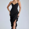 Aurelie Abendkleid mit Rüschen und Einsätzen in Schwarz Aurelie Abendkleid mit Rüschen und Einsätzen in Schwarz