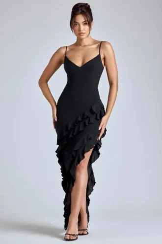 Aurelie Abendkleid mit Rüschen und Einsätzen in Schwarz