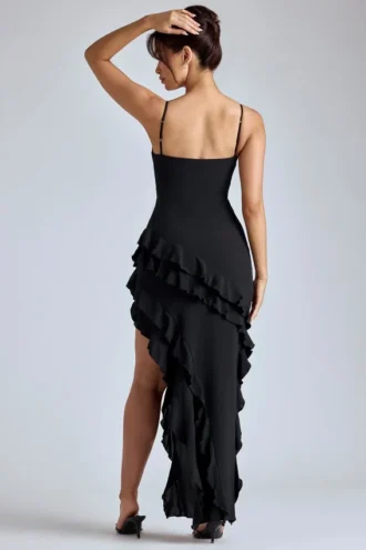 Aurelie Abendkleid mit Rüschen und Einsätzen in Schwarz