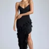 Aurelie Abendkleid mit Rüschen und Einsätzen in Schwarz Aurelie Abendkleid mit Rüschen und Einsätzen in Schwarz