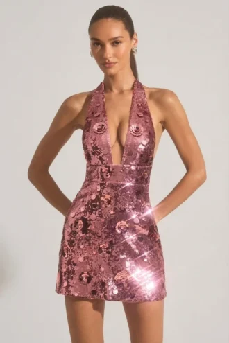 Avenza Minikleid mit Paillettenverzierung und Neckholder in Rosa