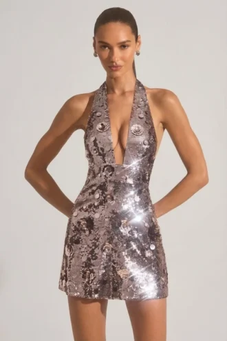 Avenza Minikleid mit Paillettenverzierung und Neckholder in Silber