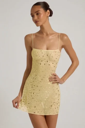 Averie Transparentes, verziertes Minikleid mit quadratischem Ausschnitt in Gelb