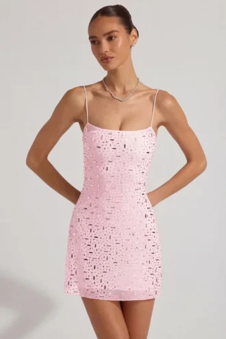 Averie Transparentes, verziertes Minikleid mit quadratischem Ausschnitt in Pink