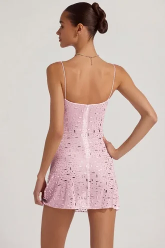Averie Transparentes, verziertes Minikleid mit quadratischem Ausschnitt in Pink