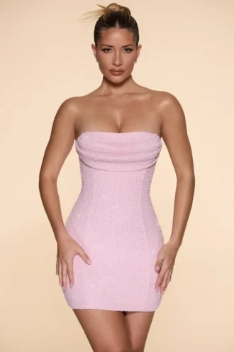 Basel Verziertes trägerloses Minikleid mit Wasserfallausschnitt in Blush