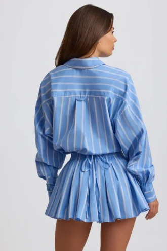 Baumwoll-Popeline-Streifen-Multifunktions-Cropped-Shirt in Blau gestreift