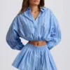 Baumwoll-Popeline-Streifen-Multifunktions-Cropped-Shirt in Blau gestreift Baumwoll-Popeline-Streifen-Multifunktions-Cropped-Shirt in Blau gestreift
