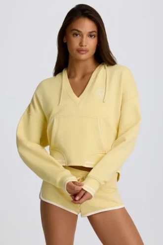 Baumwolljersey-Hoodie mit V-Ausschnitt in Lemon