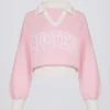 Baumwolljersey-Pullover mit V-Ausschnitt in Oversize-Passform in Puderrosa