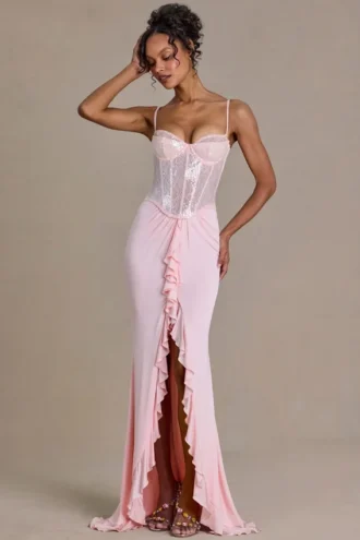 Beatrix Premium-Korsettkleid mit verzierter Spitze in Babyrosa