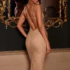 Bellara Metallic-Spitzenkleid mit tiefem Ausschnitt und rückenfreiem Midaxi-Schnitt in Gold Bellara Metallic-Spitzenkleid mit tiefem Ausschnitt und rückenfreiem Midaxi-Schnitt in Gold