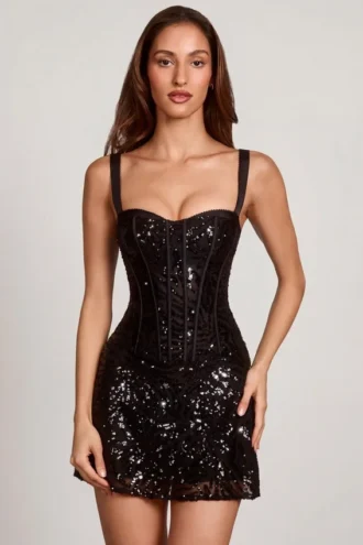 Benedetta verziertes Peekaboo-Korsett-A-Linien-Minikleid in Schwarz-Zebra