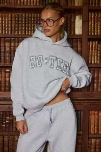 Bestickter Oversize-Hoodie in Grau meliert