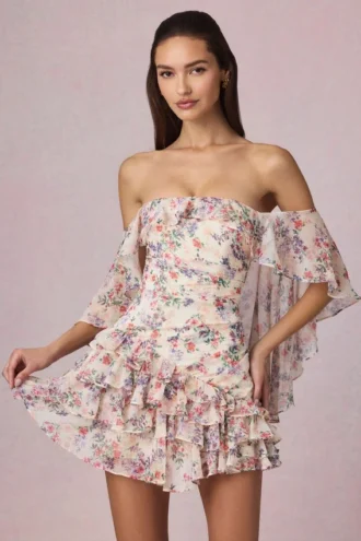 Birdie schulterfreies Minikleid mit Rüschen im Primrose-Blumenprint