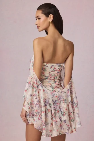 Birdie schulterfreies Minikleid mit Rüschen im Primrose-Blumenprint