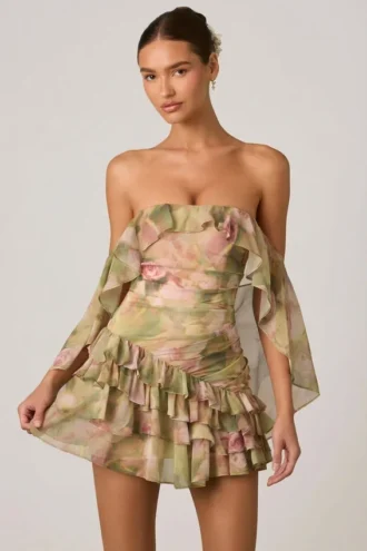 Birdie schulterfreies Minikleid mit Rüschen und gemischtem Blumenprint