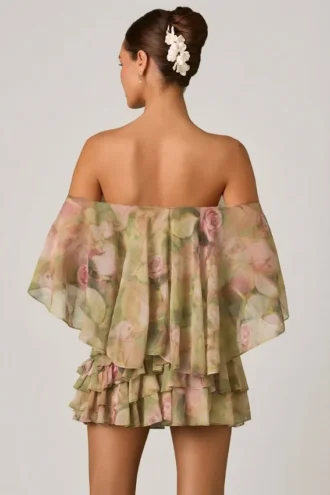 Birdie schulterfreies Minikleid mit Rüschen und gemischtem Blumenprint