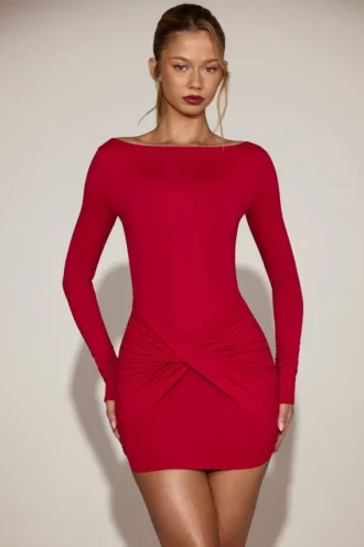 Briallen Minikleid aus weichem Jersey mit U-Boot-Ausschnitt und Drapierung in True Red